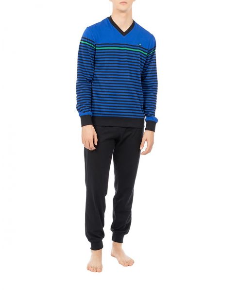 Men's warm multi-striped pyjamas, blue checkered v-neck