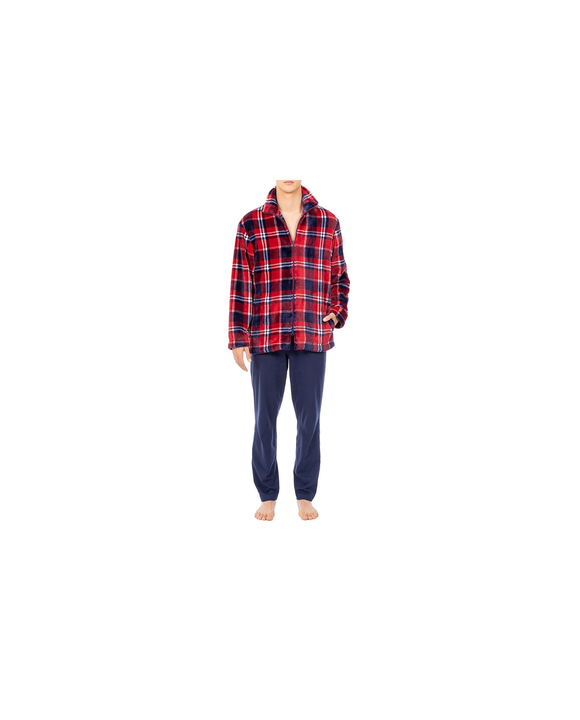 Men's red checked short zip-up dressing gown