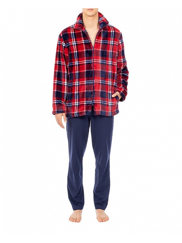 Men's red checked short zip-up dressing gown