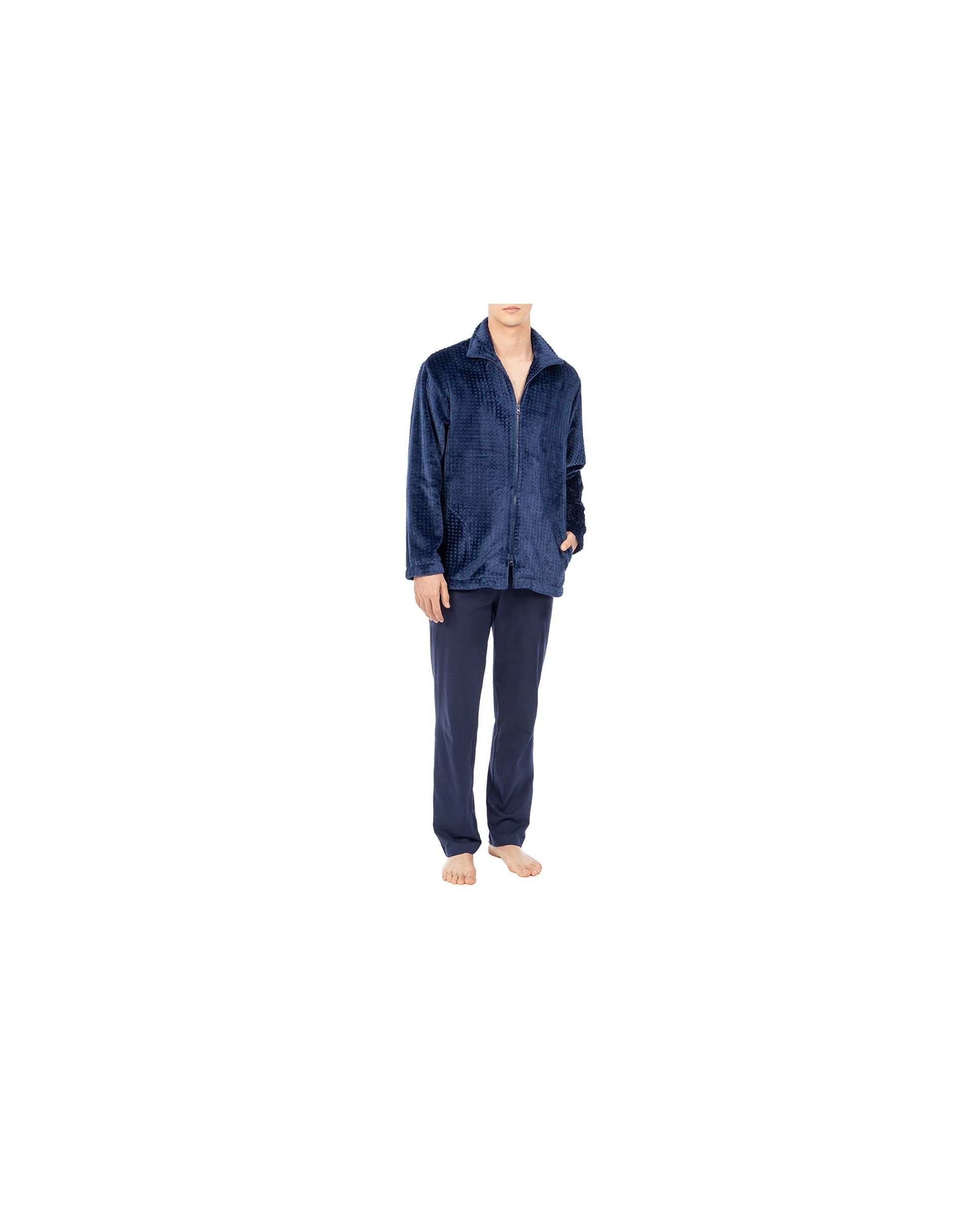 Men's short winter coat, blue jaquard zip fastening