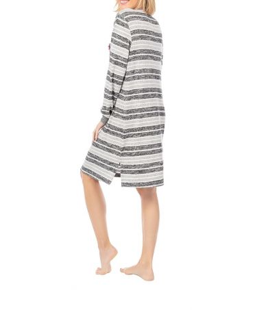 Woman in grey striped long-sleeved nightdress with short sleeves