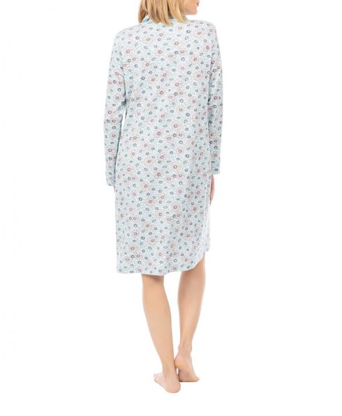 Woman with open short nightdress with flower buttons