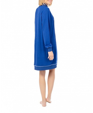 Woman with blue short nightdress embroidered turtleneck