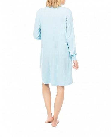 Woman in light blue short nightdress for winter in ribbed fabric