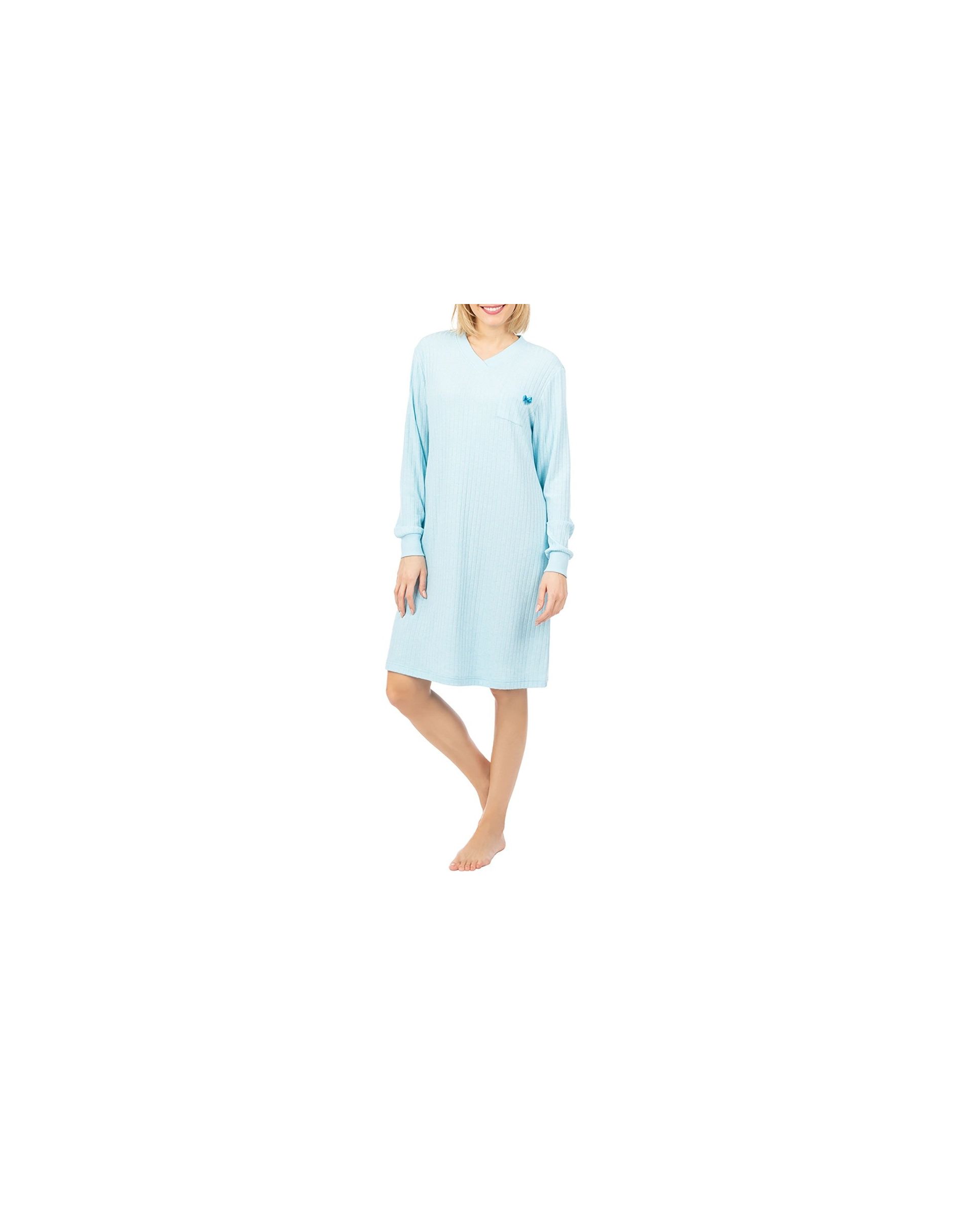 Women's short nightdress for winter in light blue ribbing