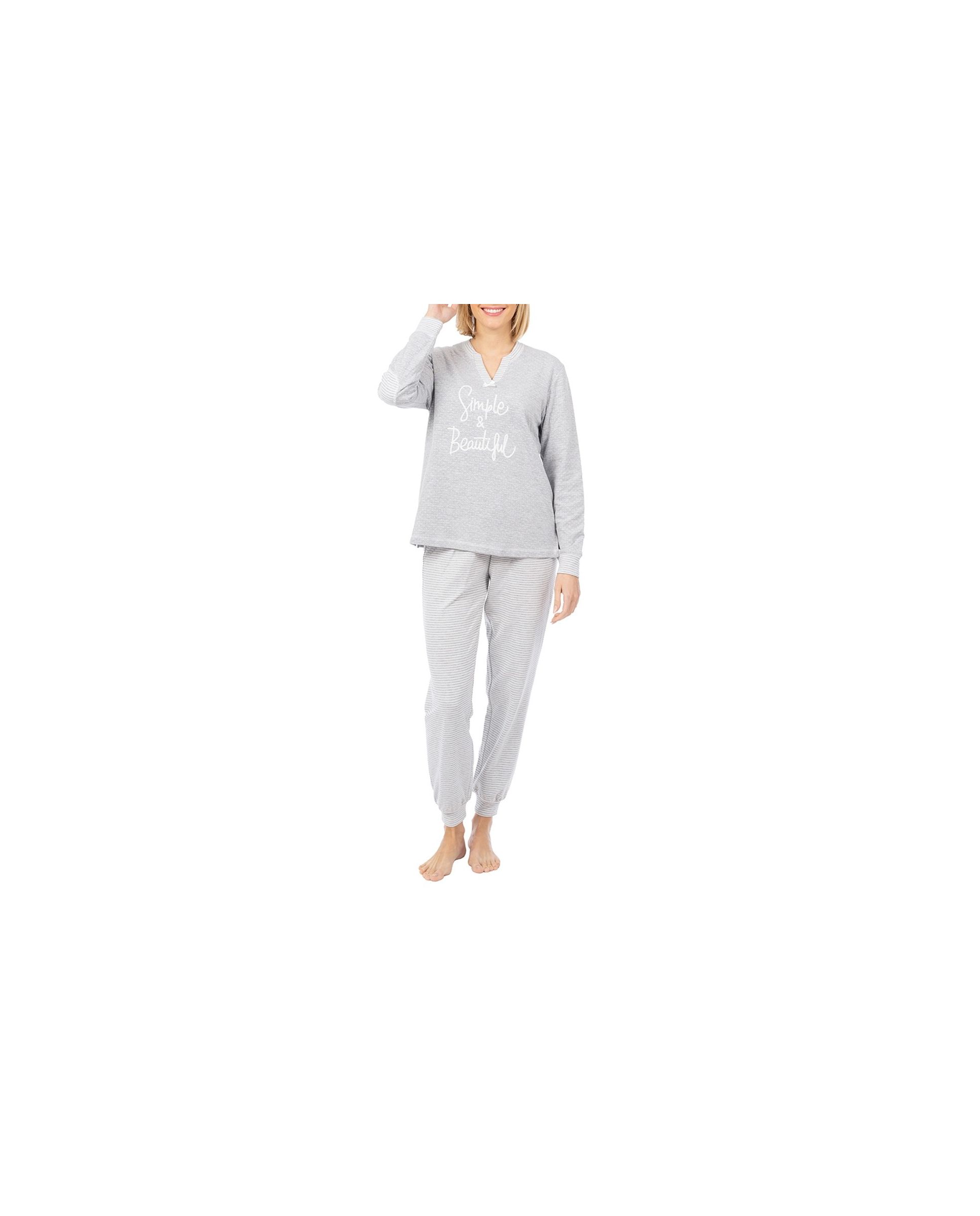 Pijama de invierno de manga larga gris a rayas para mujer