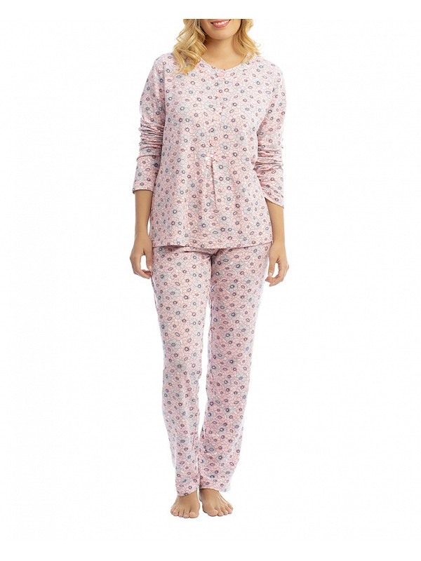 Women's long pyjamas 2 pieces round neck| Flower print pink | LOHE