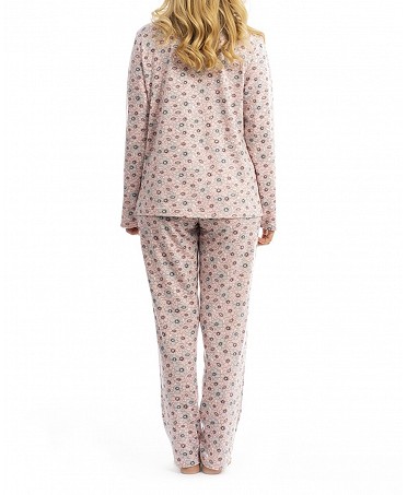 Woman in two-piece pyjamas with pink flowers