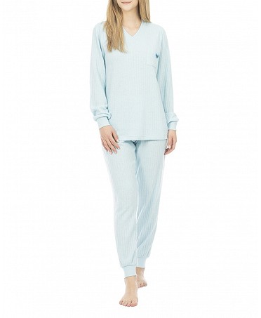 Women's long winter pyjamas in blue ribbed fabric