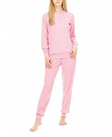 Pijama largo de invierno mujer canalé rosa con botones