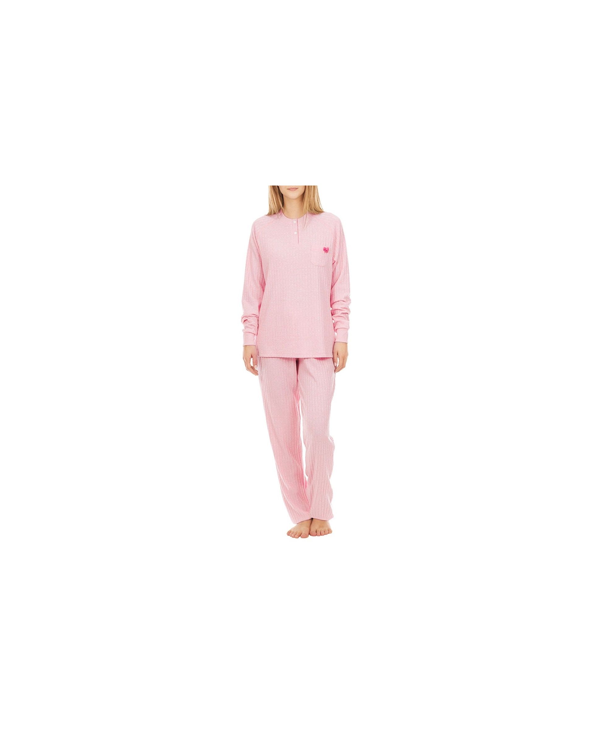 Women's long pyjamas ribbed round neck with buttons