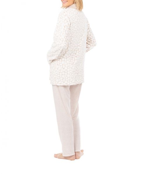 Woman in short flannel buttoned polka-dotted dressing gown