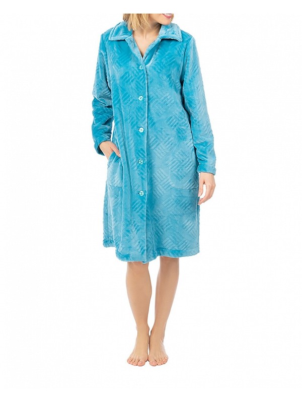Women's buttoned long winter dressing gown with embossed pattern