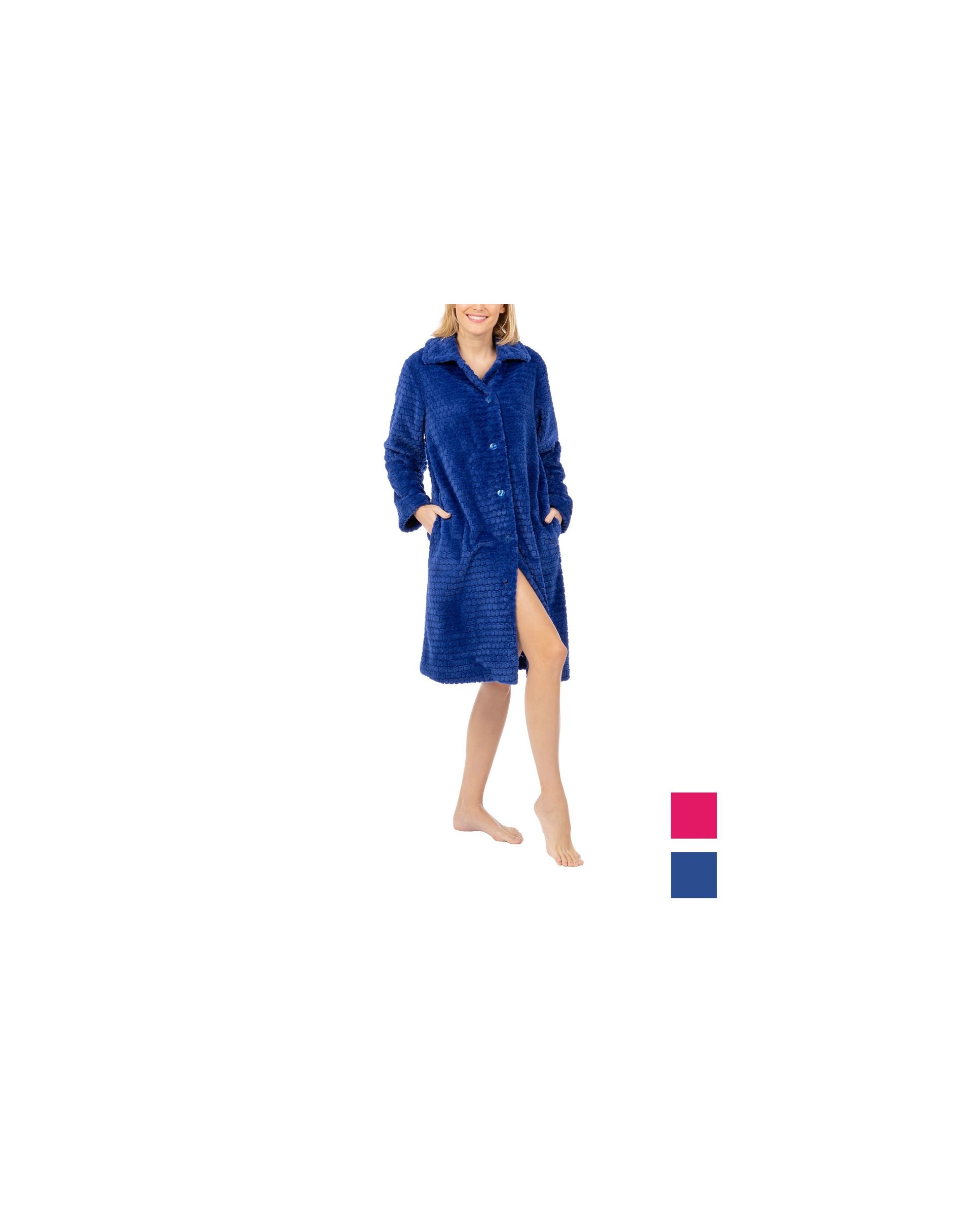 Women's long winter dressing gown with blue buttons
