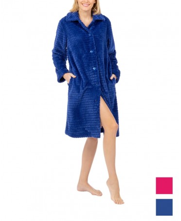 Women's long winter dressing gown with blue buttons