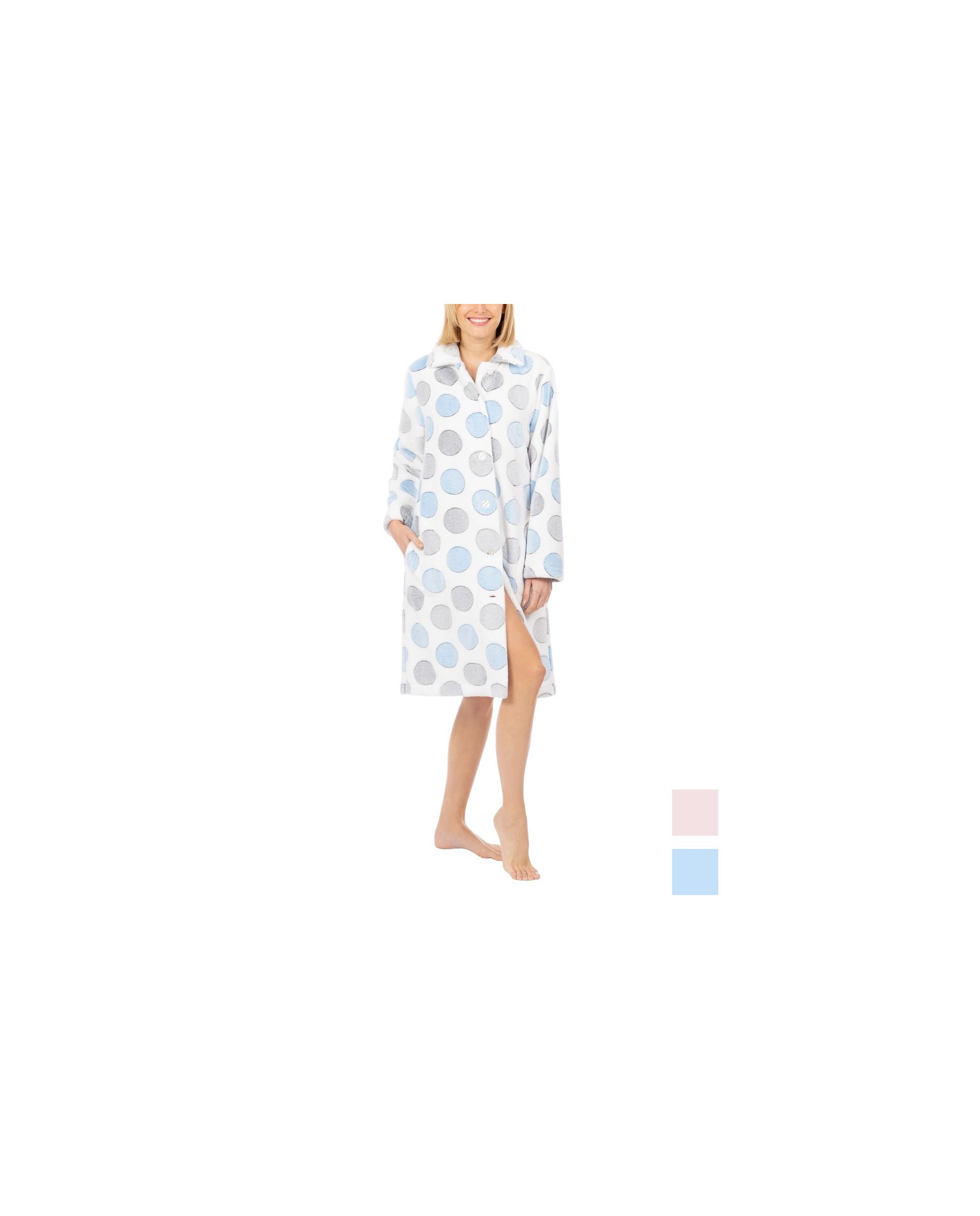 Women's long buttoned winter dressing gown flannel circles sky blue