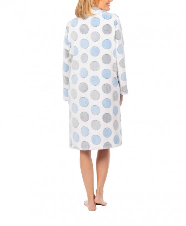 Woman with long dressing gown with flannel buttons light blue circles