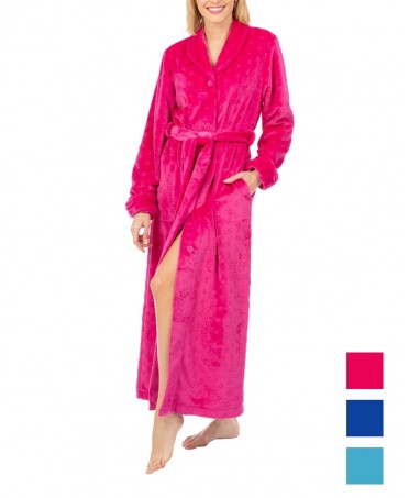 Fuchsia women's long buttoned dressing gown with belt and side pockets.