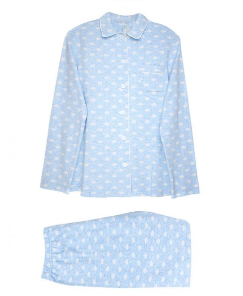 Lohe women's long pyjamas with polka dots print, consisting of long-sleeved buttoned open jacket, long trousers.