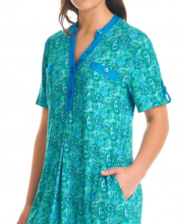 beach dress with short sleeves and open neckline in blue-green printed colours
