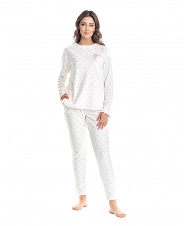 Women's long winter pyjamas closed with pink polka dots and round neckline