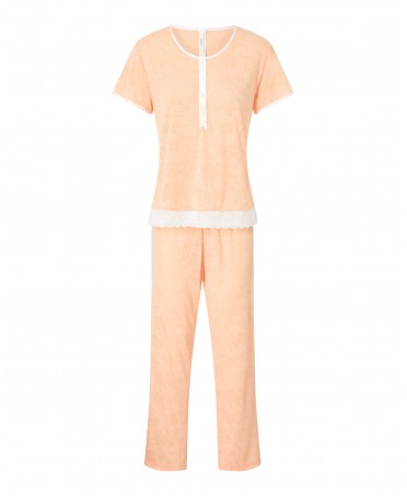 Women's long pyjamas, devoured fabric, round neck jacket with buttons, short sleeves and long trousers.