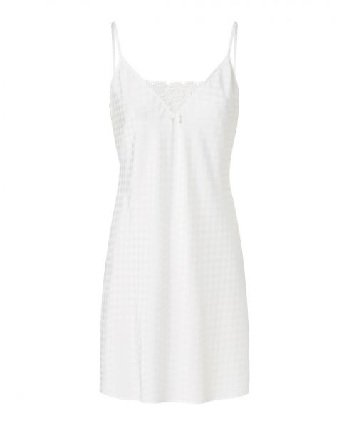 Women's short nightdress, jacquard print, V-neck with lace, thin straps.