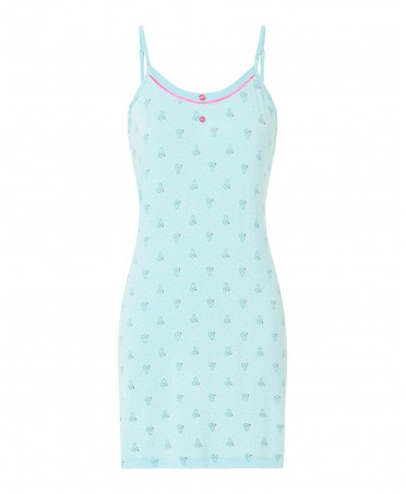Women's short nightdress with thin straps,  round neck with buttons and small cactus print.