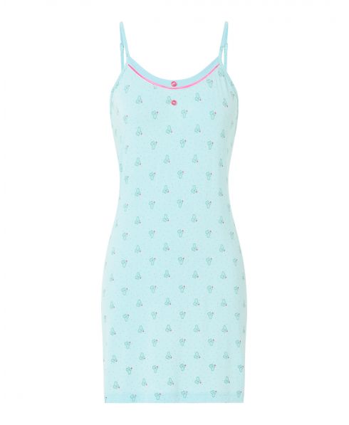 Women's short nightdress with thin straps,  round neck with buttons and small cactus print.