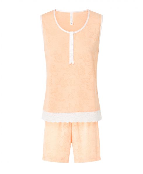 Pijama corto de mujer, tejido devorado, cuello redondo con botones, sin mangas y pantalón corto.