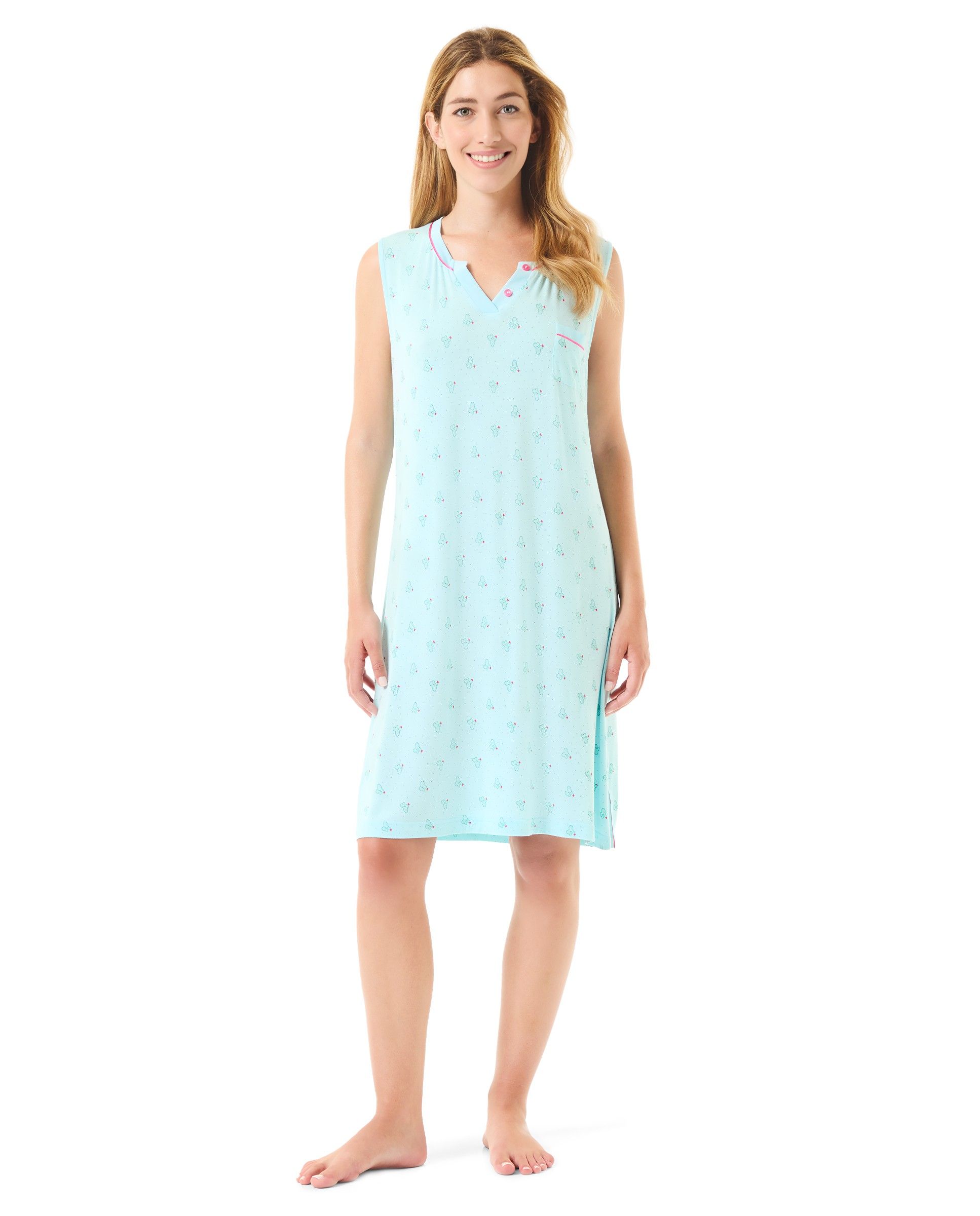 Woman in short summer nightgown with cactus print