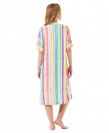 Rear view of a woman wearing a beach dress with short sleeves and a colourful striped print.