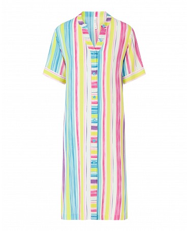 Women's short dress, open with buttons, striped print, short sleeves, side pockets.