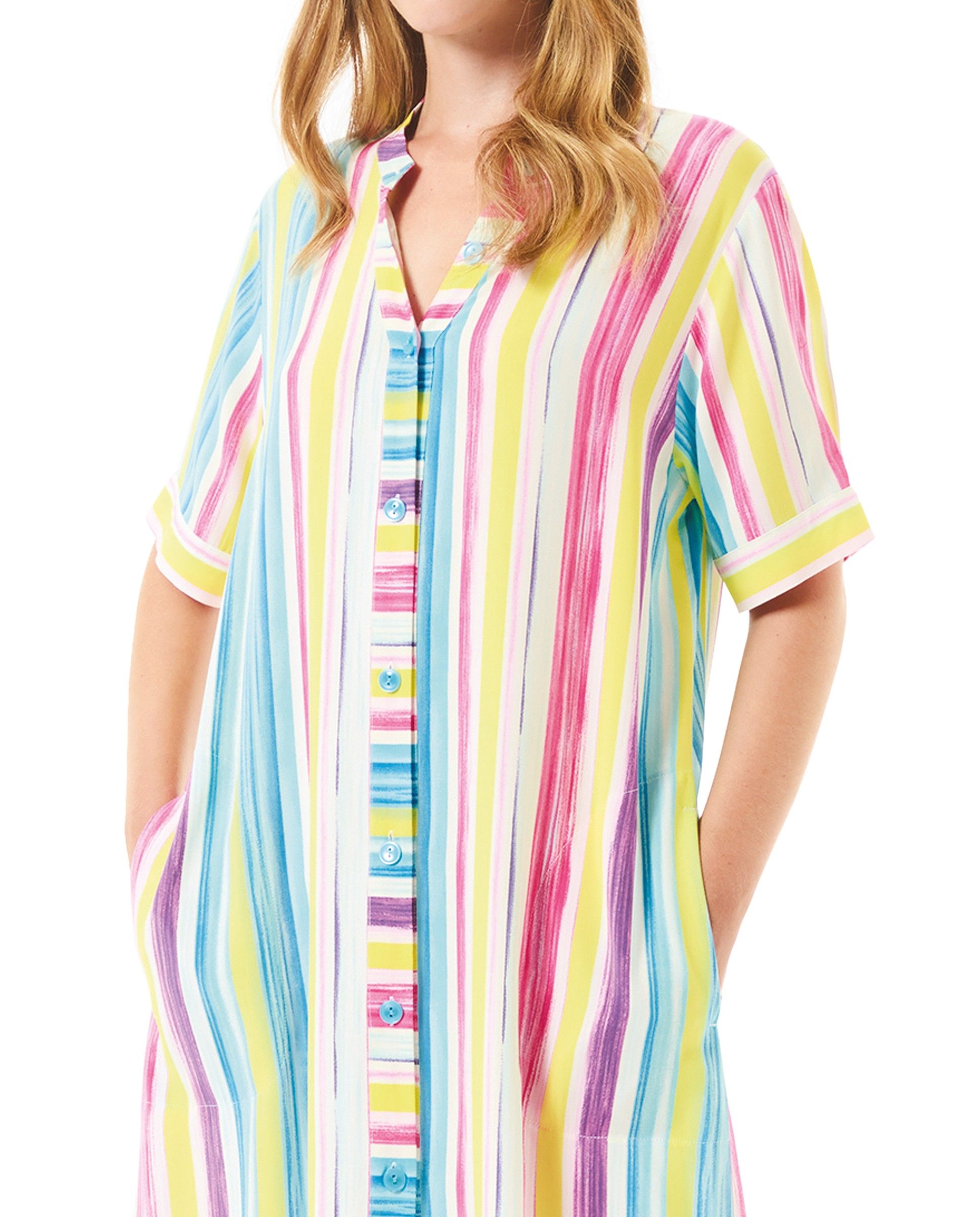 Detail view of open beach dress with buttons and short-sleeved V-neck in colourful stripes