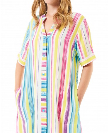 Detail view of open beach dress with buttons and short-sleeved V-neck in colourful stripes