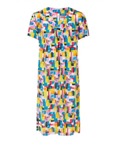Women's short dress, geometric print, short sleeves, V-neck.