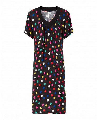 Women's short dress, polka dot print, short sleeves, V-neck.
