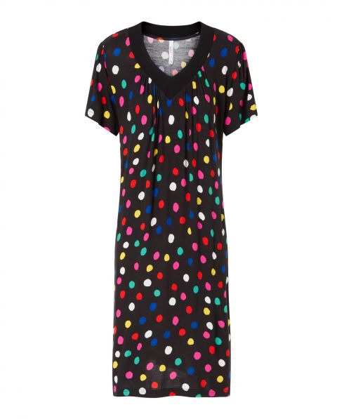 Women's short dress, polka dot print, short sleeves, V-neck.