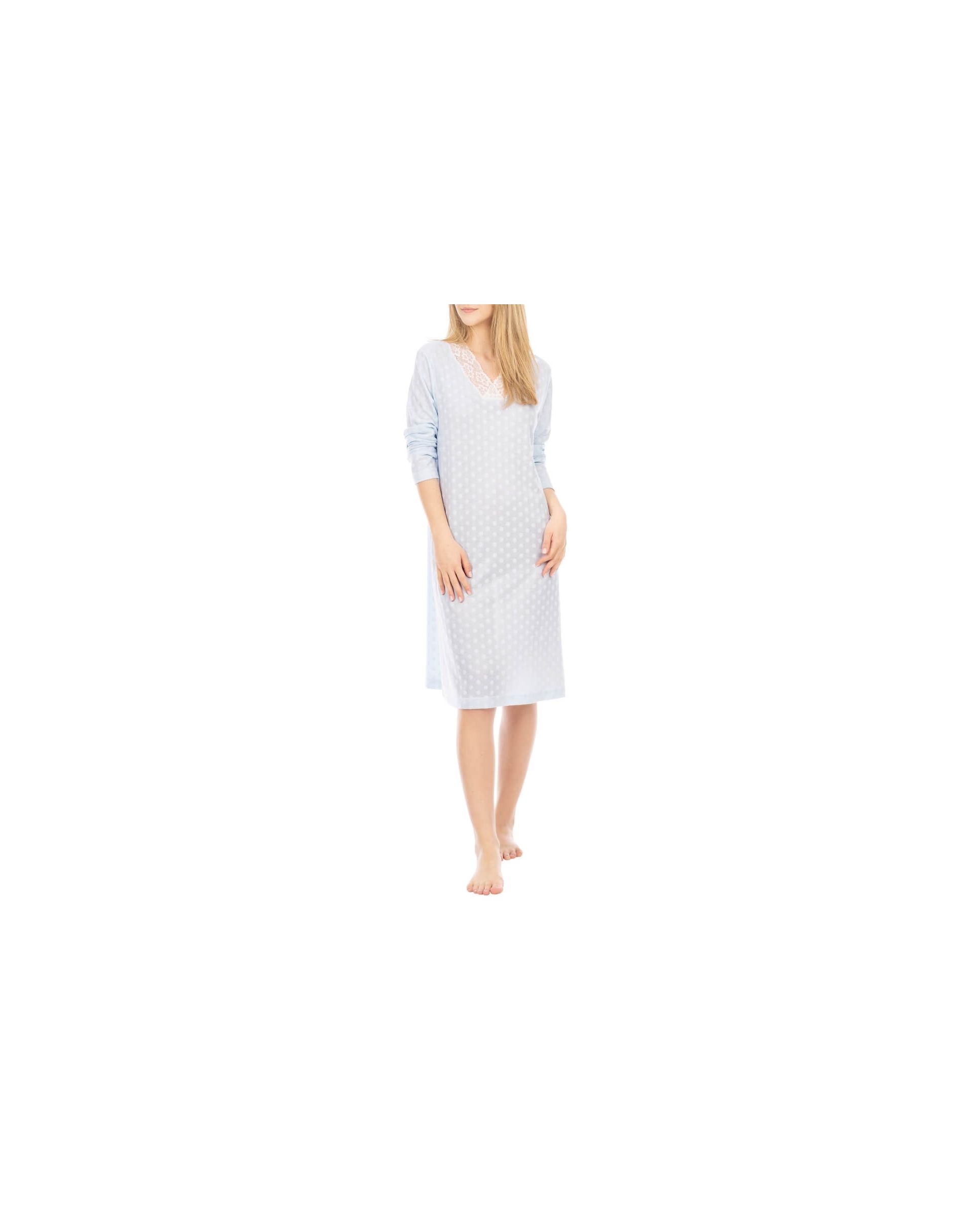 Women's long sleeved short blue nightdress with lace collar
