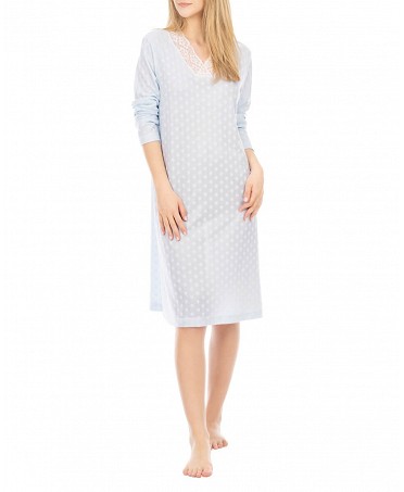 Women's long sleeved short blue nightdress with lace collar