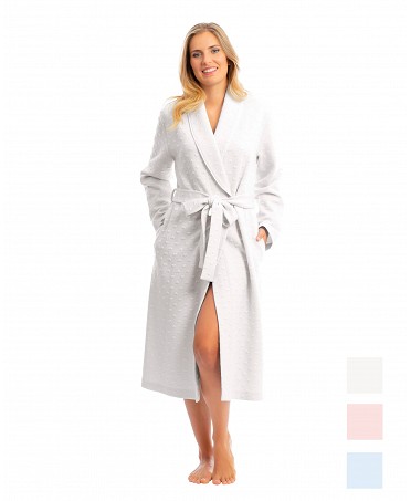 Women's long dressing gown with heart embossed pattern and ivory-coloured belt.