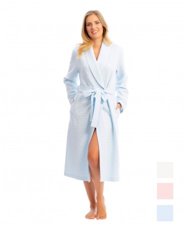 Women's long dressing gown with embossed heart pattern with light blue belt.