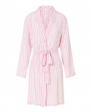 Women's short dressing gown, fuchsia striped print, long sleeves, double breasted with pockets.