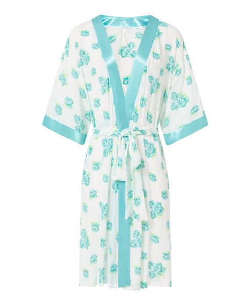 Women's short dressing gown, floral print, crossed with satin strap, French sleeves.