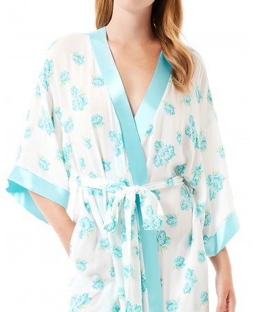 Turquoise satin collared crossover summer dressing gown detail with matching floral print