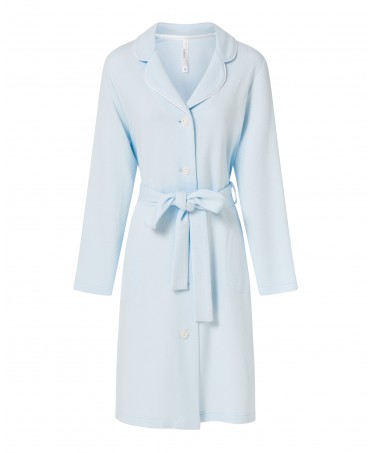 Women's short coat, light blue knitted fabric, long sleeves with pockets, buttoned with piping and belt.