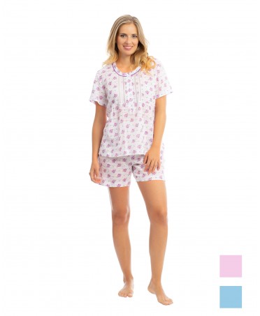 Pijama corto de mujer de dos piezas, pantalón corto y top manda corta estampado flores lilas