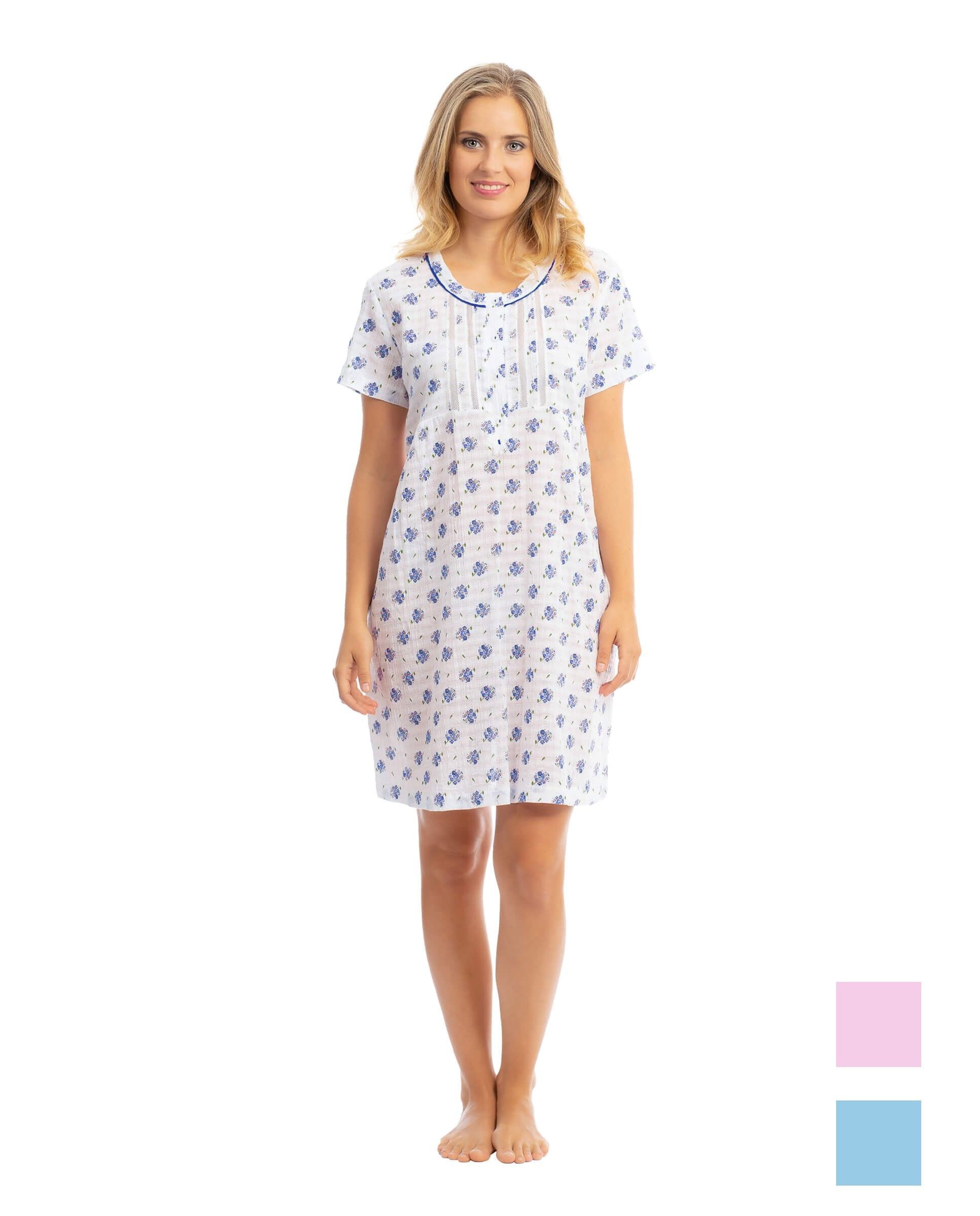 Women's short-sleeved summer nightdress with delicate blue wildflower print for women