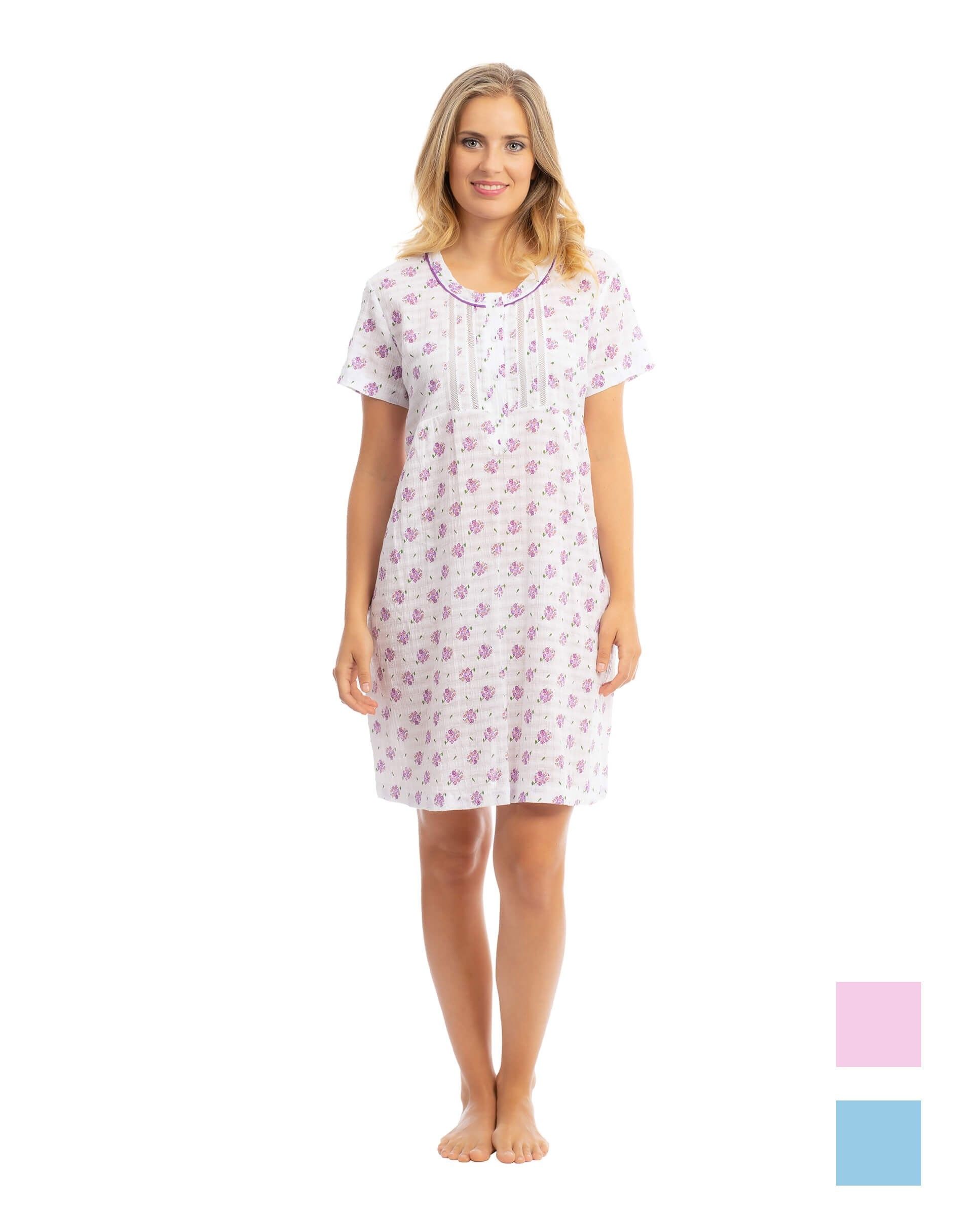 Women's short-sleeved summer nightgown with delicate lilac wildflower print