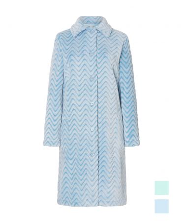 Lohe women's long dressing gown, open with buttons, long sleeves, light blue jacquard zig-zag, and side pockets.